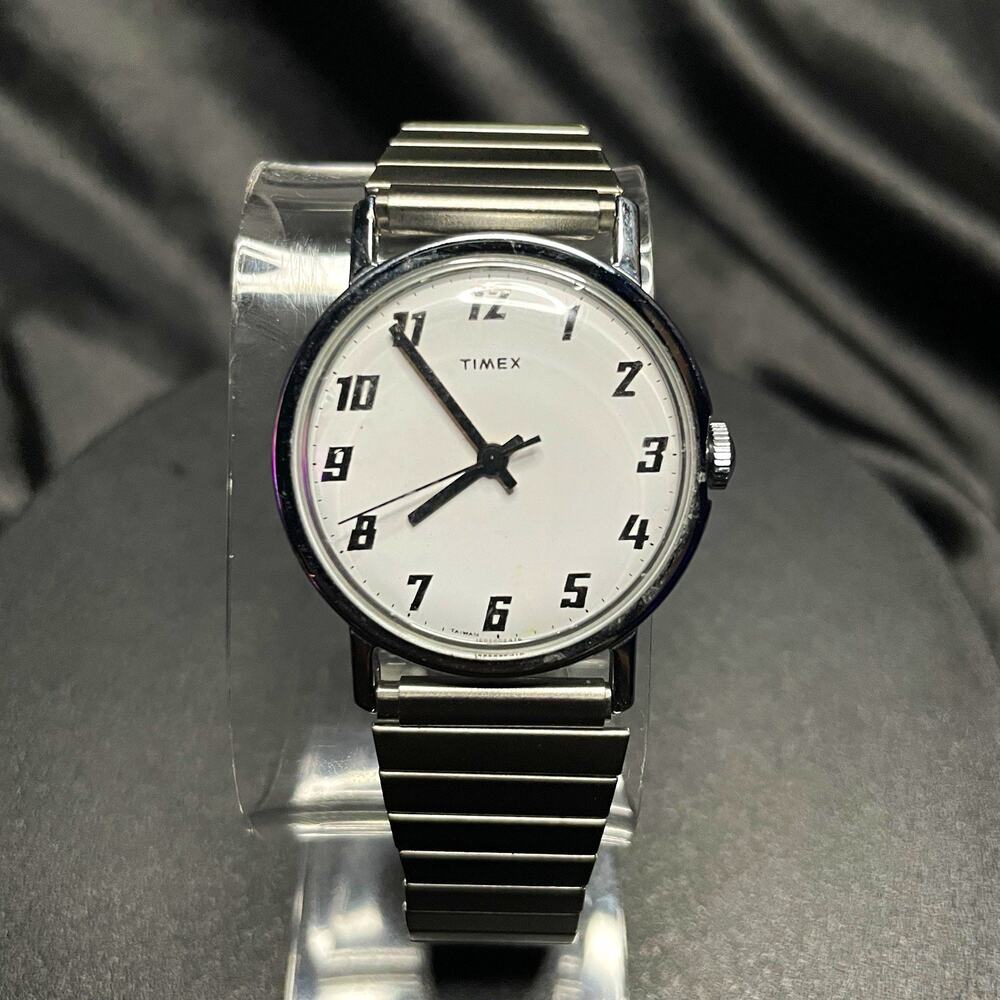 Vintage Timex Analog Mechanical Watch White Dial Silver Bracelet 34mm New Band